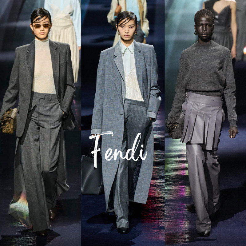 módní přehlídka 2024, modelky na mole představují nejnovější kreace módního domu Fendi. Každý look obsahuje kousky v šedé barvě, například kalhoty, saka, oblek, sukně, svetr. Fashion Show 2024, grey colour,